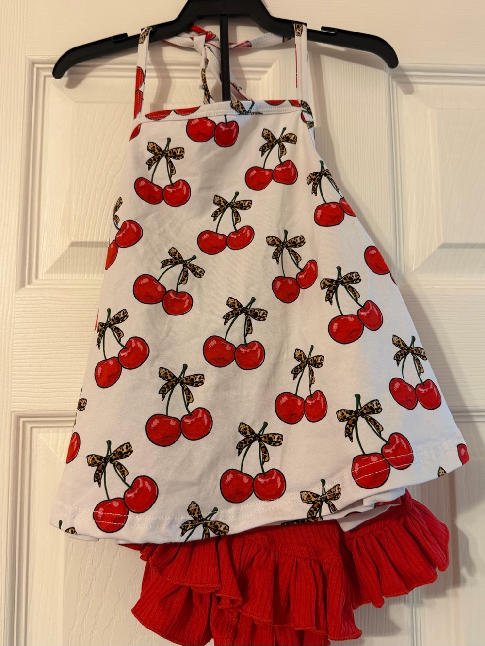 Red Cherry Print Girls' Halter Top and Ruffle Shorts Set